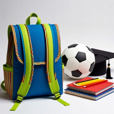 Backpack with Soccer Ball and Graduation Cap