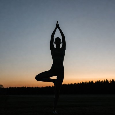 Woman in tree pose yoga silhouette sunset