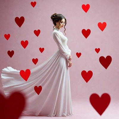 Woman in white gown with floating hearts