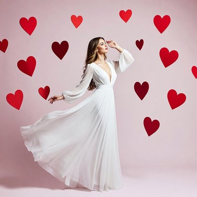 Woman in flowing white dress with hearts