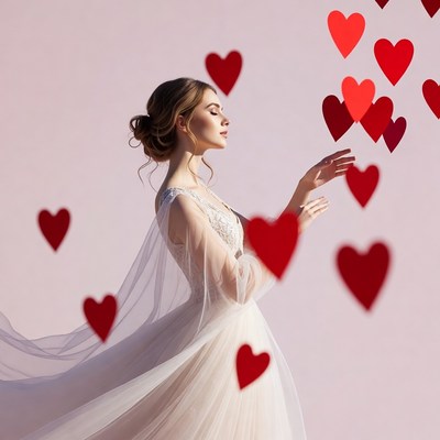 Woman in white gown with floating hearts