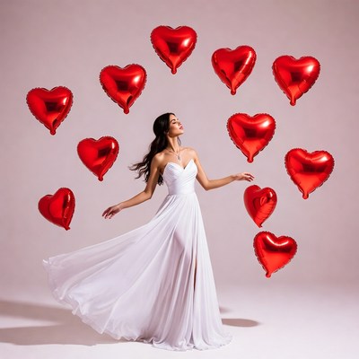 Woman in white gown with red heart balloons