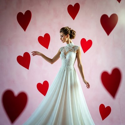 Bride in white lace gown with red hearts