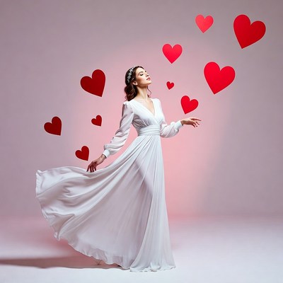 Woman in white gown with floating hearts