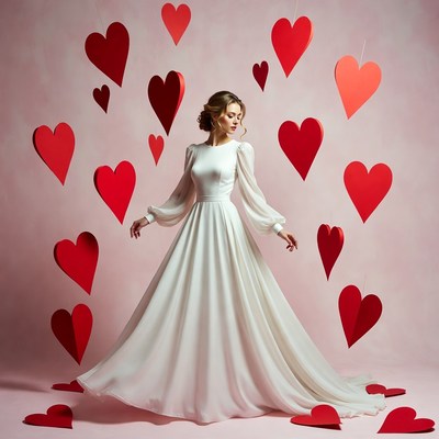 Woman in white gown surrounded by red hearts