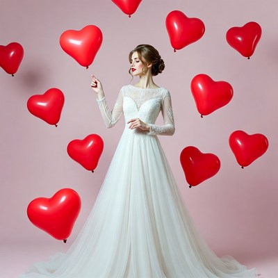 Bride with red heart balloons