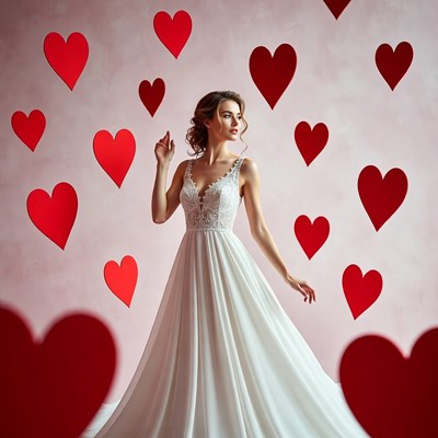 Woman in white wedding dress with hearts