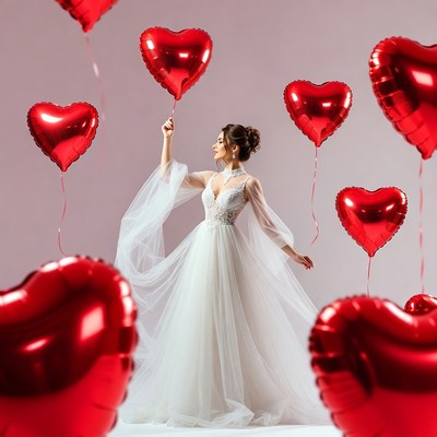 Woman holding red heart balloons in white gown