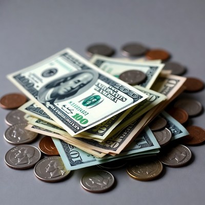 Stack of US Dollars and Coins