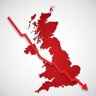 UK Map with Downward Red Arrow