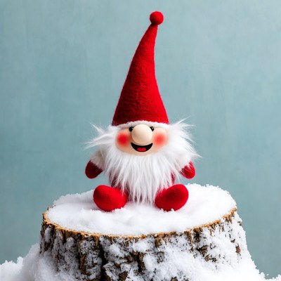 Smiling Gnomes on Snowy Stump