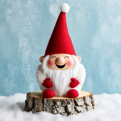 Smiling Felt Gnome on Snowy Log