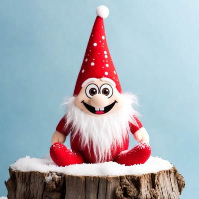 Smiling Christmas Gnome on Snowy Stump