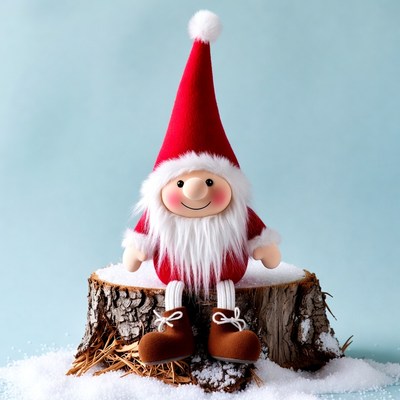 Red Gnome Sitting on Snowy Stump