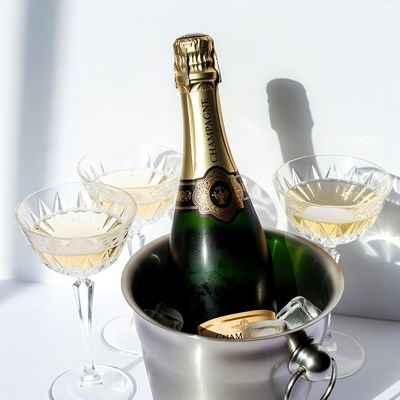 Champagne Bottle in Ice Bucket with Glasses