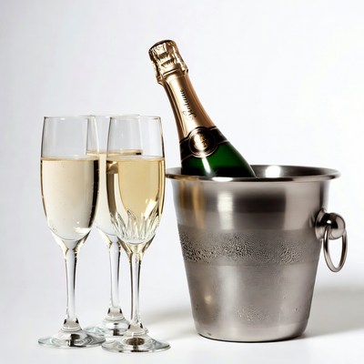 Champagne Bottle in Ice Bucket with Glasses