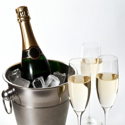 Champagne Bottle in Ice Bucket with Glasses