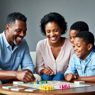 African-American family playing board game