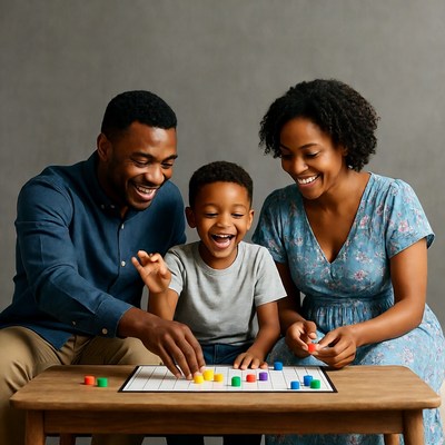 African-American family playing board game