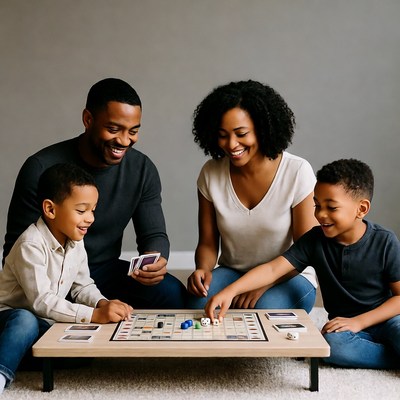 African-American family playing Monopoly board game