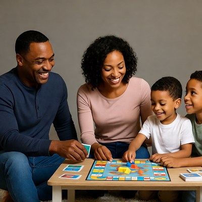 African-American family playing Monopoly board game