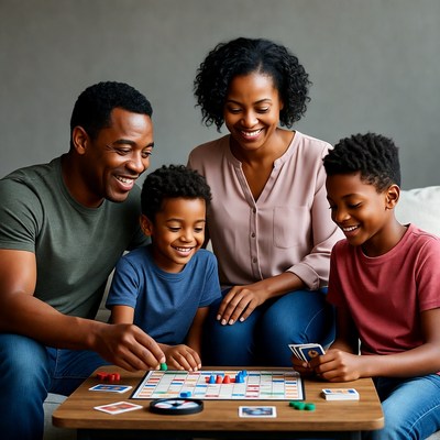 African-American family playing board game