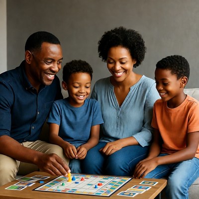 African-American family playing board game