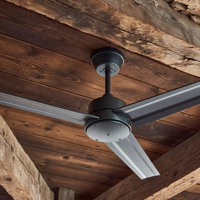 Black Ceiling Fan on Rustic Wooden Beams