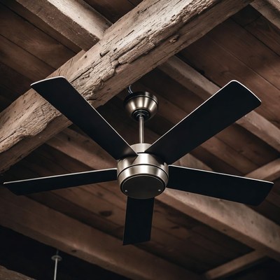 Black Ceiling Fan on Wooden Beams