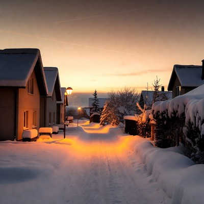Snowy Village Path at Sunset