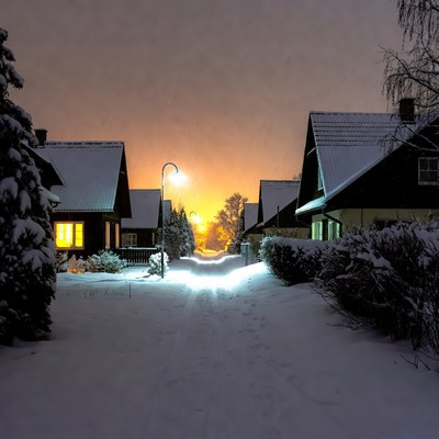 Snowy Village Street at Night