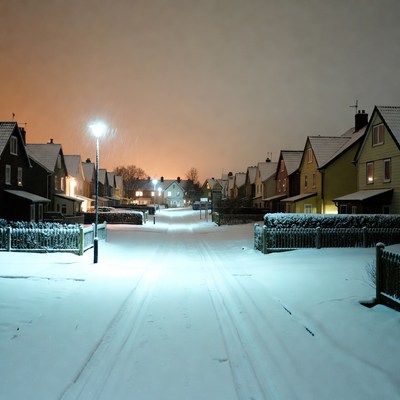Snowy Street with Colorful Houses at Night