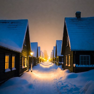 Snowy Path Between Wooden Houses at Night