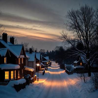 Snowy Street Lined with Houses at Dusk