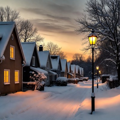 Snowy Street with Lit Lampposts at Sunset