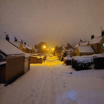 Snowy Street Lined with Houses at Night