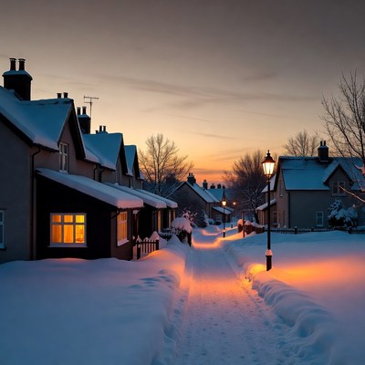 Snowy Village Street at Twilight