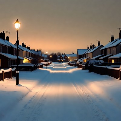 Snowy Street Lined with Houses at Dusk