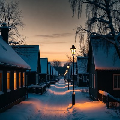 Snowy Street with Lit Lamps at Dusk