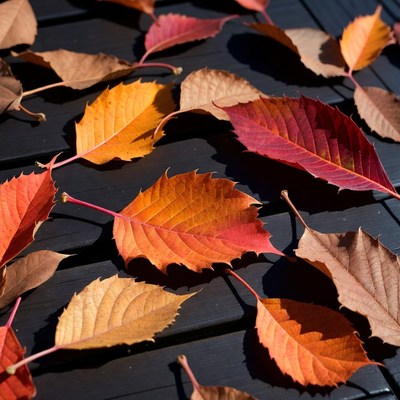 Autumn leaves on black wood