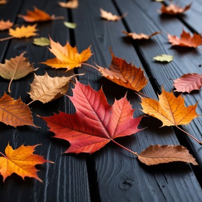 Fall leaves on black wood