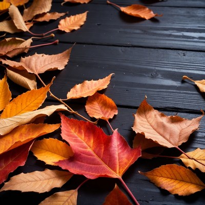 Autumn leaves on black wood