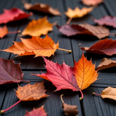 Autumn leaves on dark wood