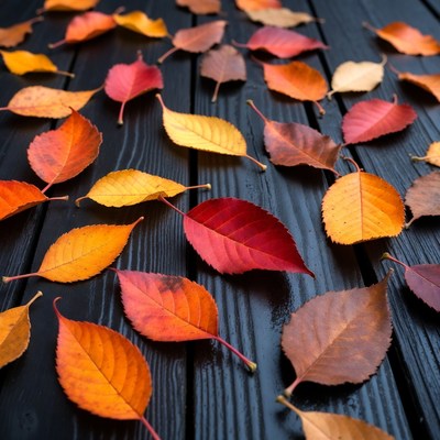 Autumn leaves on black wood