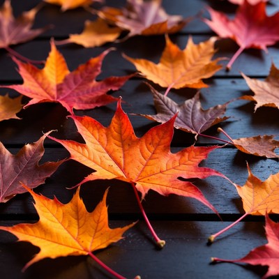 Autumn Maple Leaves on Dark Wood