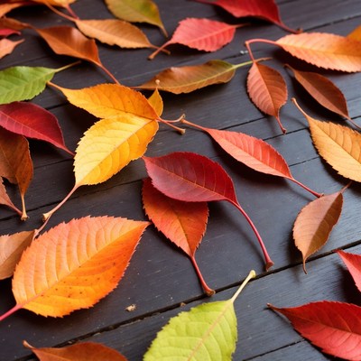 Colorful Autumn Leaves on Dark Wood