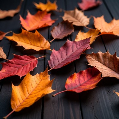 Colorful Autumn Leaves on Dark Wood