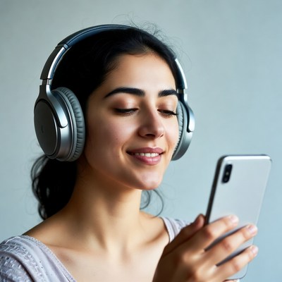 Woman listening to music on headphones
