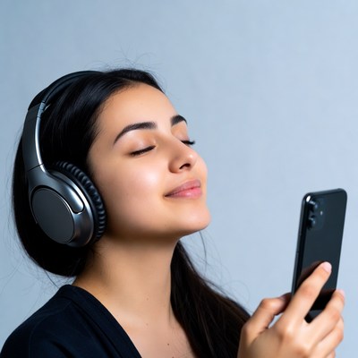 Woman listening to music on headphones