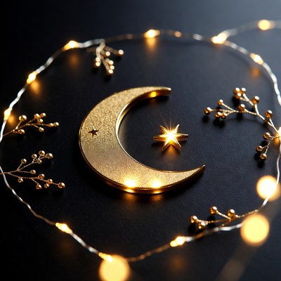 Golden Crescent Moon with Fairy Lights